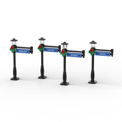 4 Straatnaamborden 1x4 met Zwarte Lantaarnpaal Bord aan Zijkant