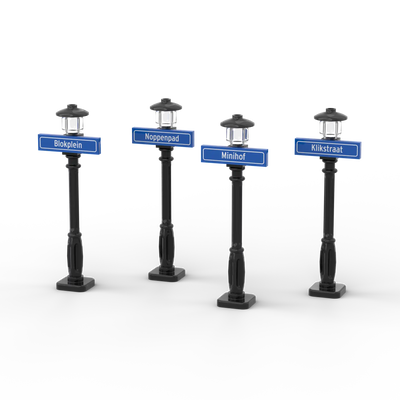 4 Straatnaamborden 1x4 met Zwarte Lantaarnpaal