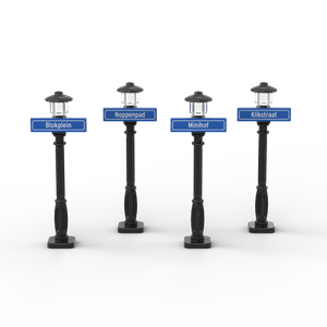 4 Straßenschilder 1x4 mit schwarzem Laternenpfahl