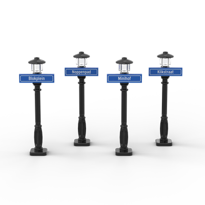 4 Straatnaamborden 1x4 met Zwarte Lantaarnpaal