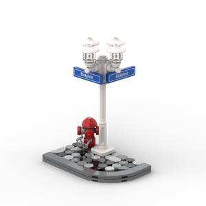 Laternenpfahl, weiße Ecke mit Hydranten - blaue Schilder