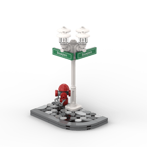 Laternenpfahl, weiße Ecke mit Hydranten - grüne Schilder