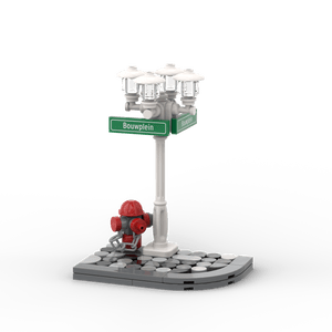 Laternenpfahl, weiße Ecke mit Hydranten - grüne Schilder