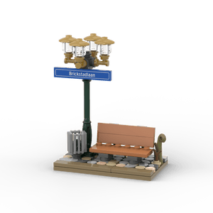 Grüner Laternenpfahl mit Bank - Blaues Schild