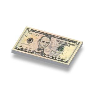 Speelgeld United States 5 dollar geprint op een 1x2 witte LEGO® tegel.